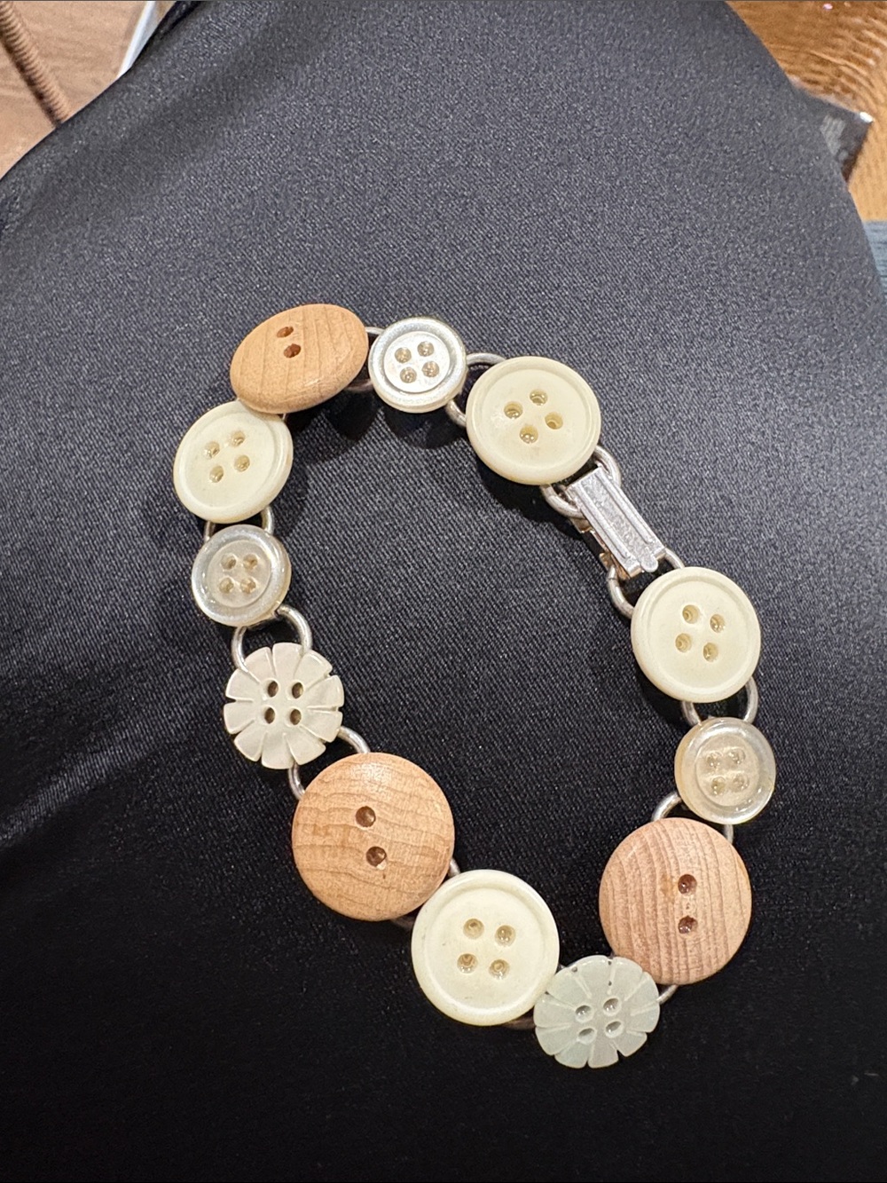 Handcrafted Button Bracelet - Neutral Cream & Natural Wood